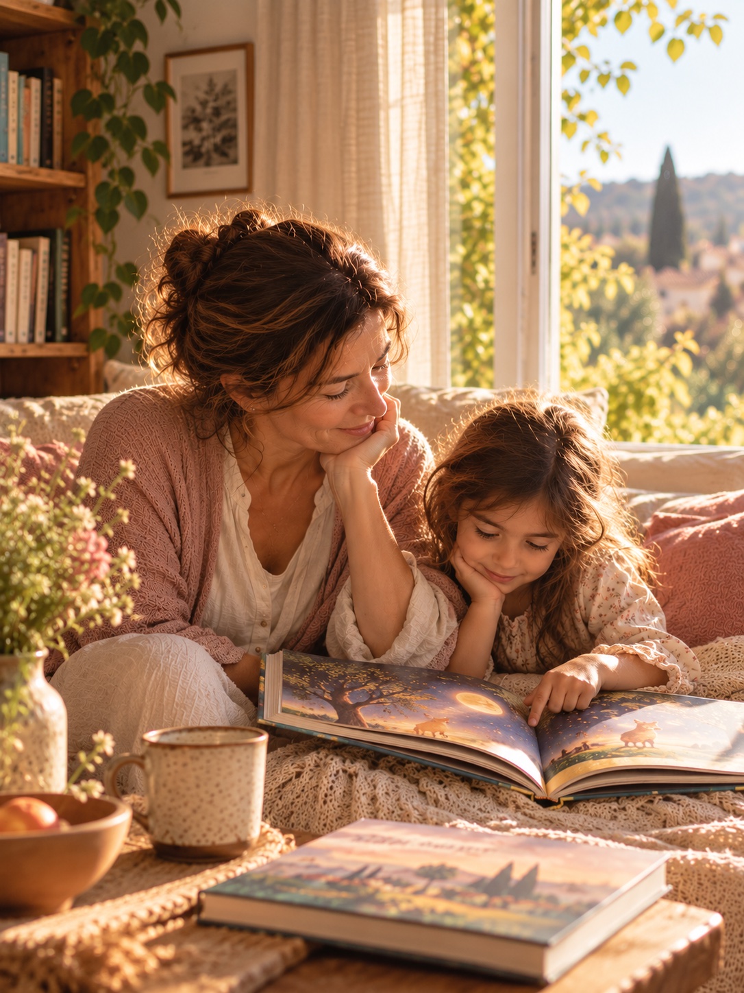 Femme et enfant partageant un moment de lecture autour d’un livre illustré