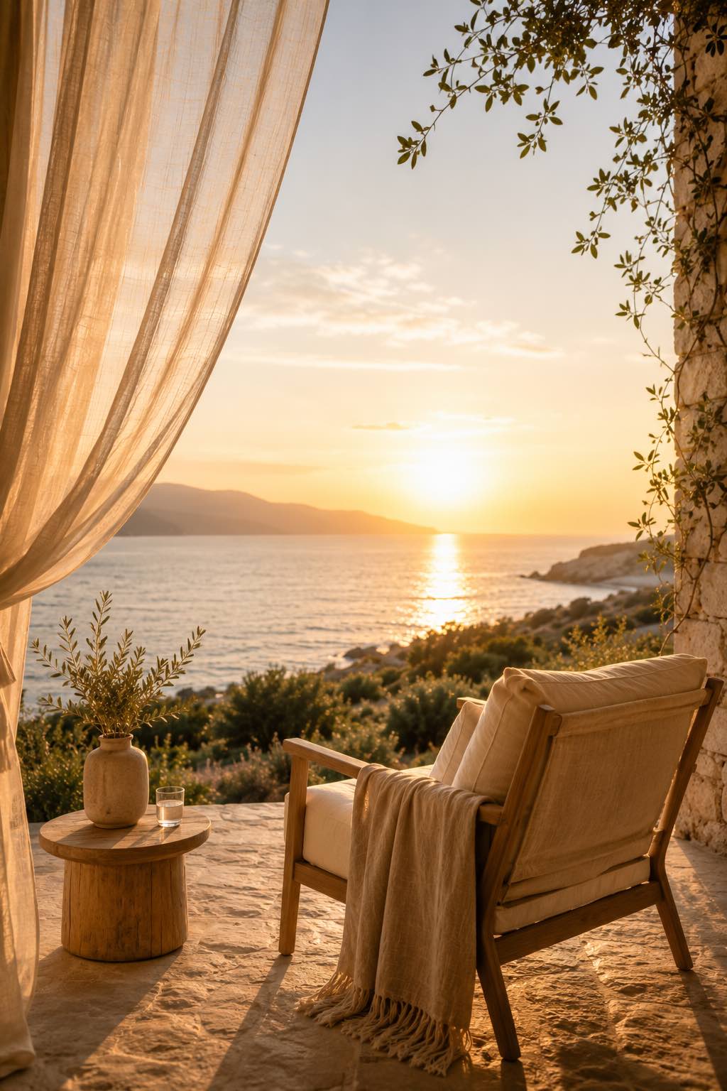 Fauteuil face à la mer au coucher du soleil évoquant un temps de retour à soi