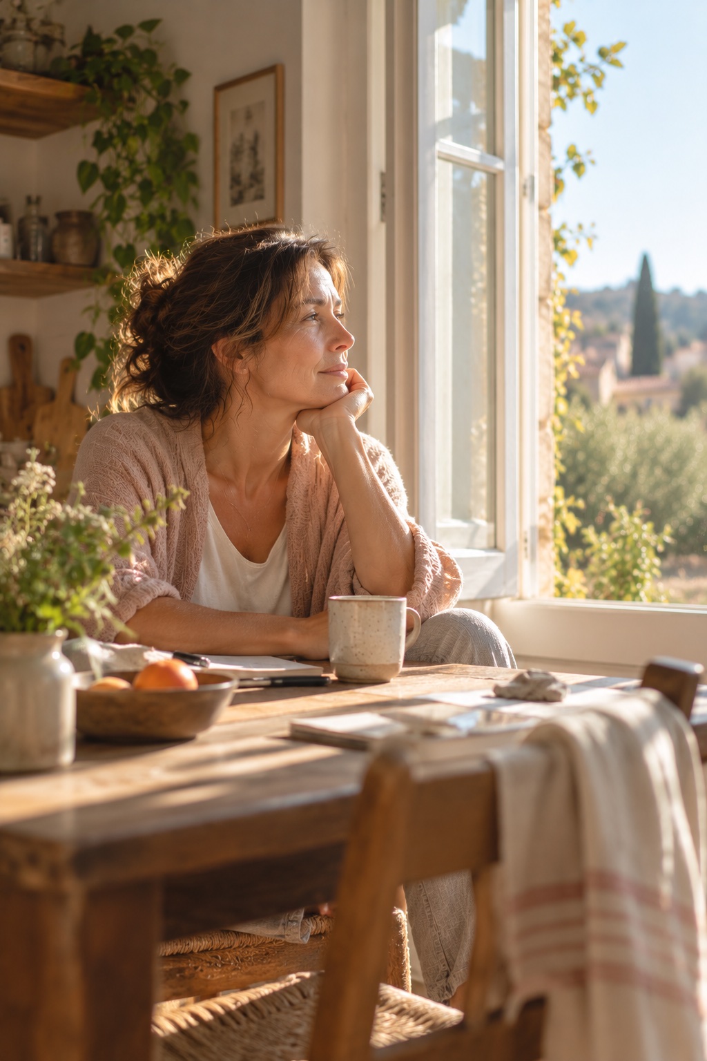 Femme assise près d’une fenêtre, prenant un moment pour écouter ce qui émerge en elle