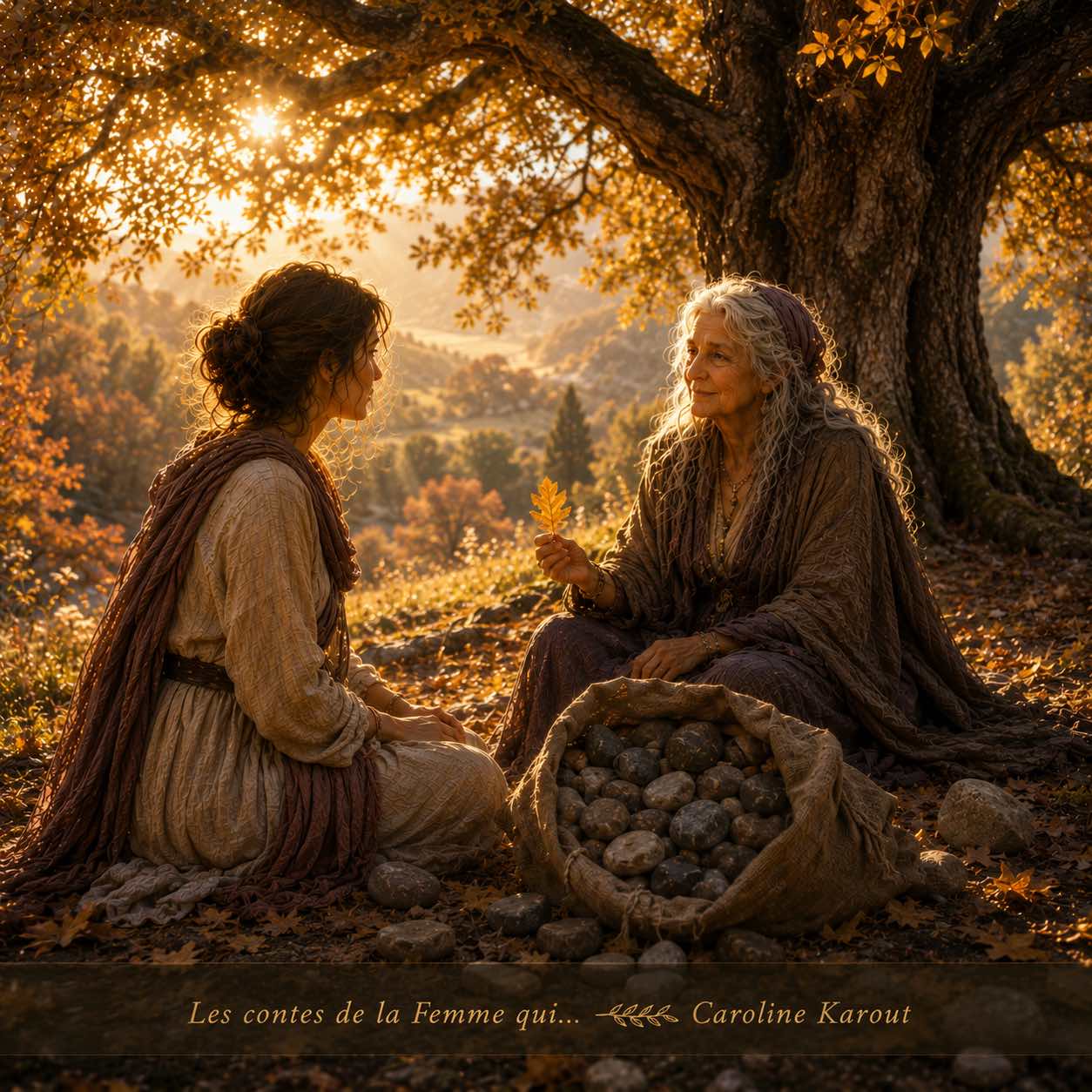 Deux femmes sous un arbre, l’une transmettant une feuille à l’autre