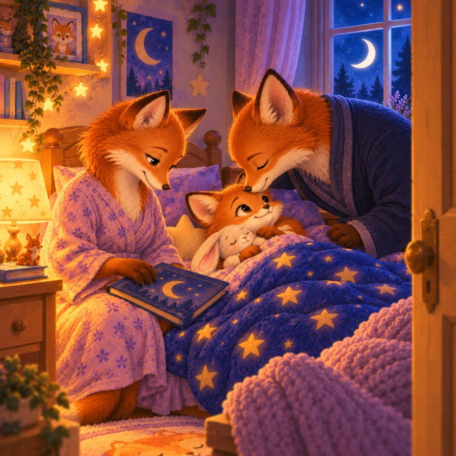 Maman ferme le livre pendant que Papa embrasse Lila avant la nuit