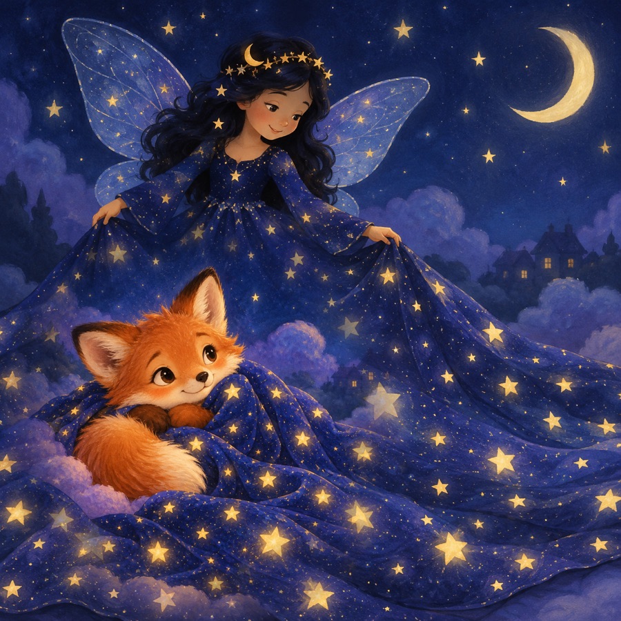 Lila, petite renarde, enveloppée par la lumière douce et étoilée de la Nuit