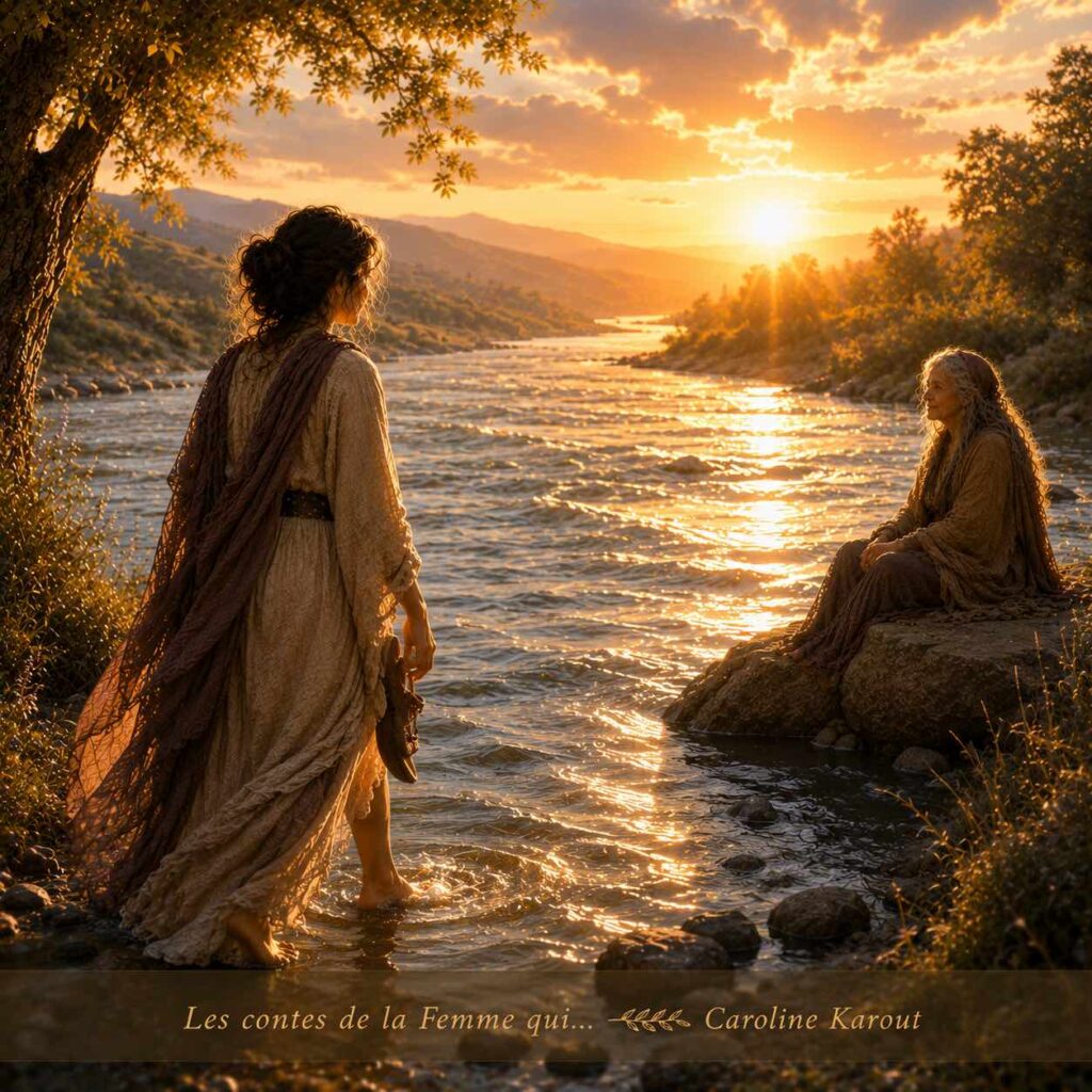 Chemin symbolique au bord d’un fleuve évoquant Les Contes de la Femme qui