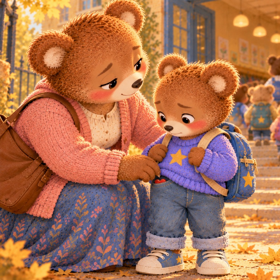 Maman Ours glisse un petit cœur en tissu dans la poche de Milo