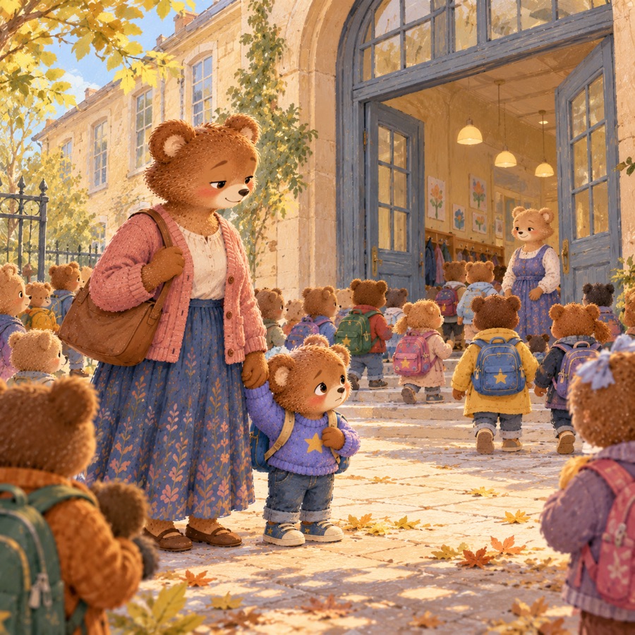 Milo, petit ours brun, découvre la grande école et ses nombreux repères inconnus