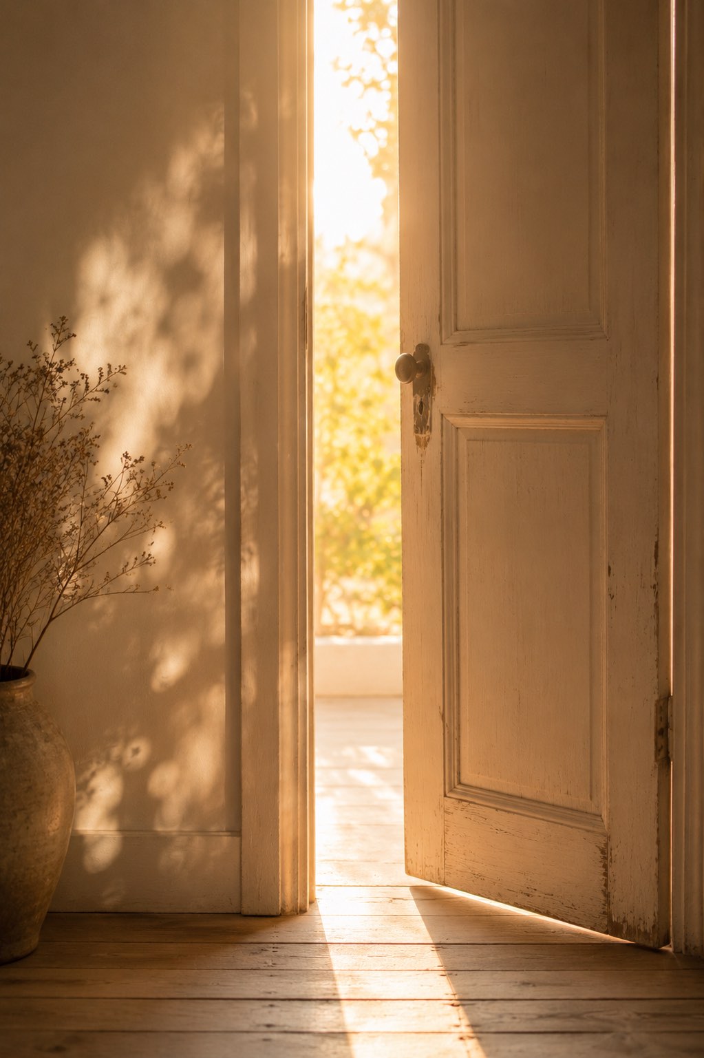 Porte entrouverte sur une lumière douce symbolisant le passage vers une nouvelle étape