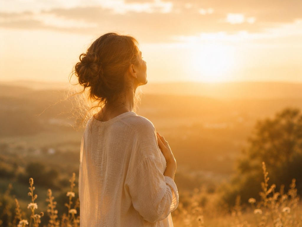 Femme tournée vers la lumière dans une prairie, évoquant un nouvel élan et un point d’appui intérieur