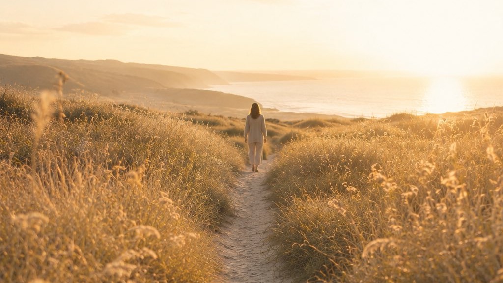 Femme avançant sur un chemin ouvert vers la mer, représentant les trois mouvements du Parcours Vivre en Joie