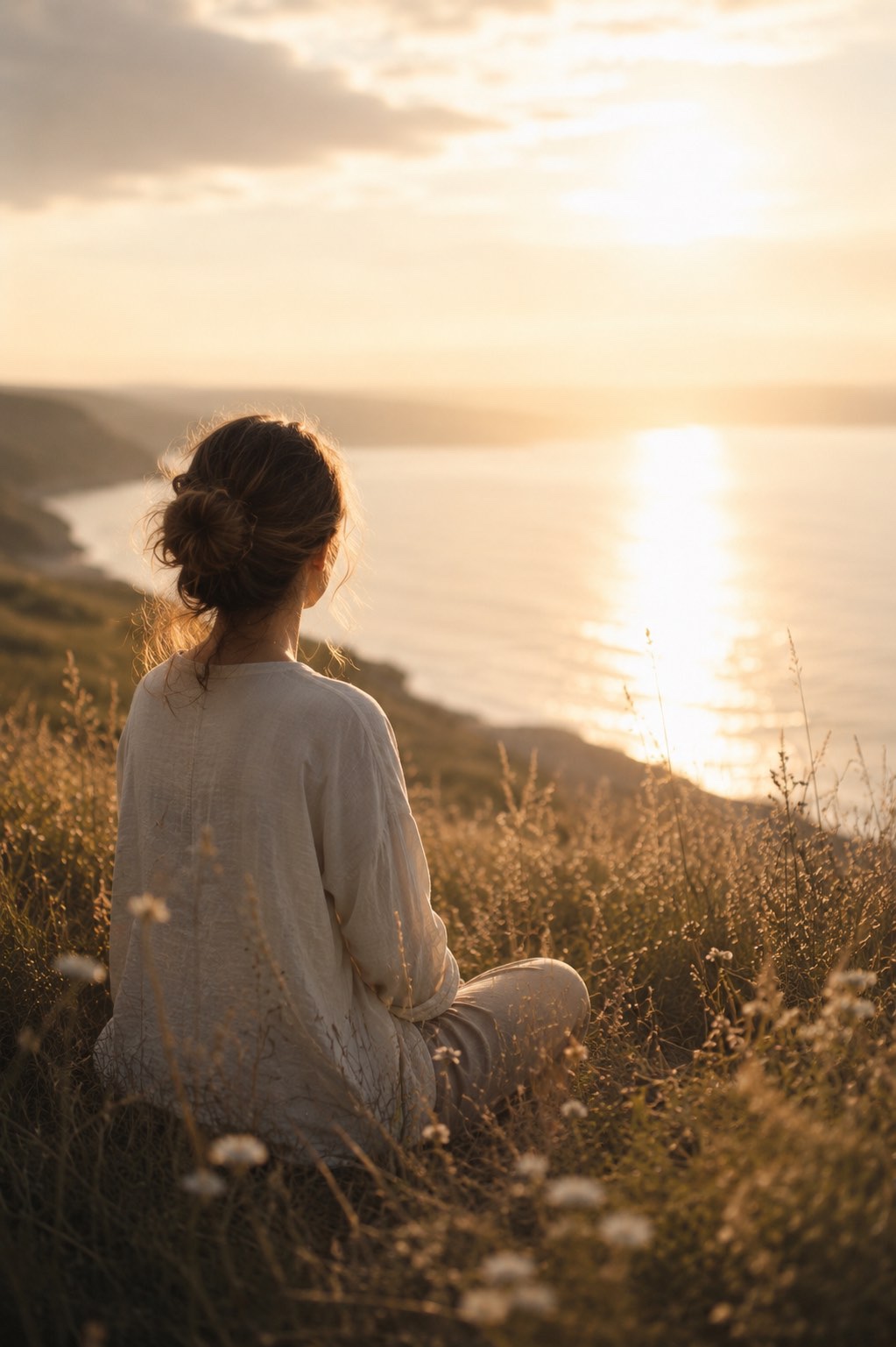 Femme assise face à la mer, prenant un temps pour relier ce qu’elle comprend à ce qu’elle ressent